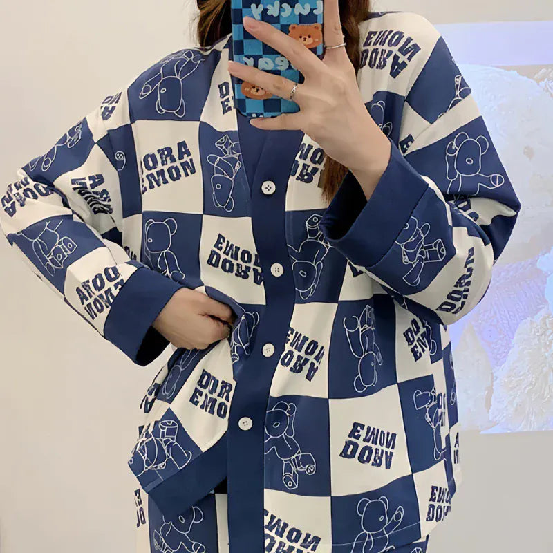 Dora blue check V-neck cotton jersey night suit with button details and printed design, perfect for comfortable sleepwear.