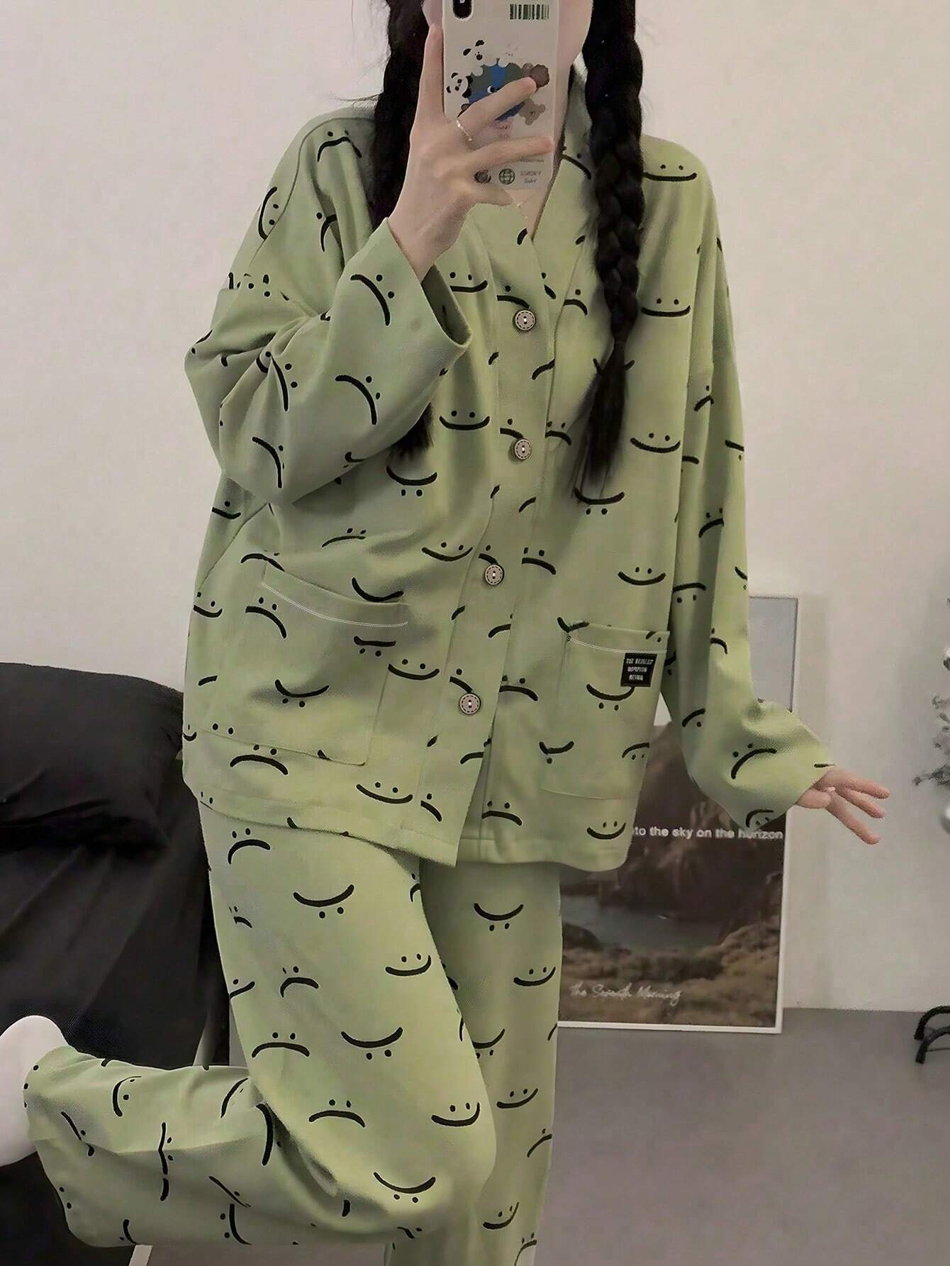 Green emoji print V-neck cotton jersey night suit with button details from The Style Bazar, featuring a comfortable and casual design.