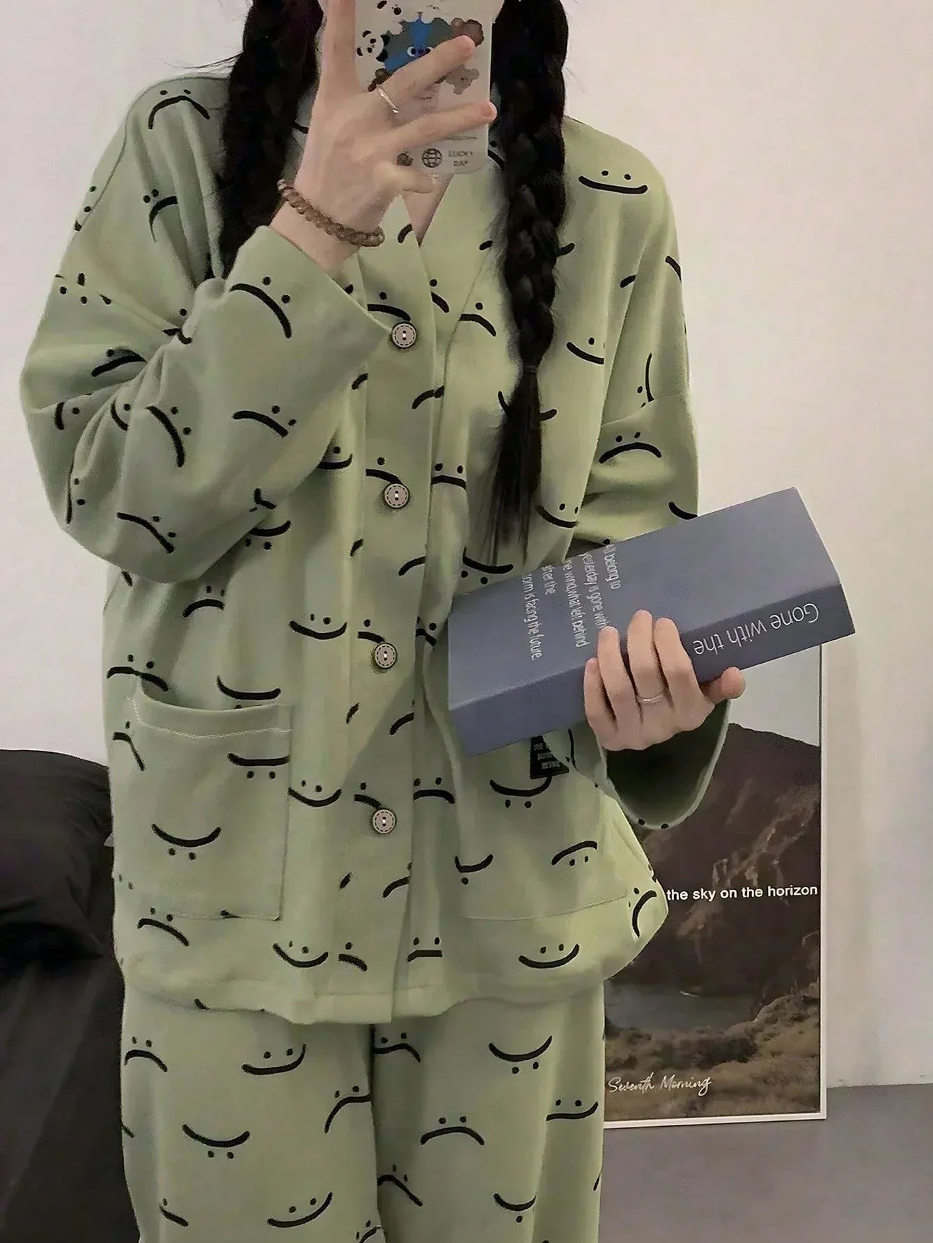 Green emoji V-neck cotton jersey night suit with button print, comfortable nightwear from The Style Bazar.