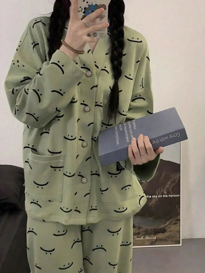 Green emoji V-neck cotton jersey night suit with button print, comfortable nightwear from The Style Bazar.