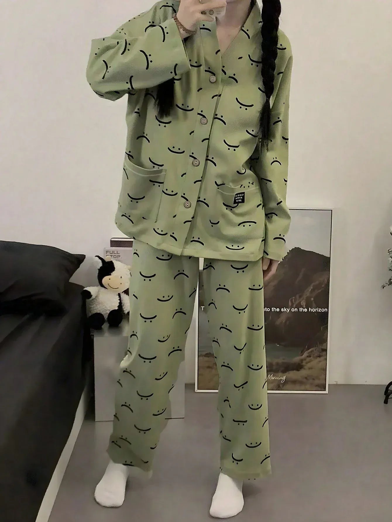 Green emoji V-neck cotton jersey night suit with button print, casual and comfortable sleepwear from The Style Bazar.