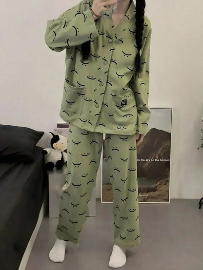 Green emoji V-neck cotton jersey night suit with button print, casual and comfortable sleepwear from The Style Bazar.