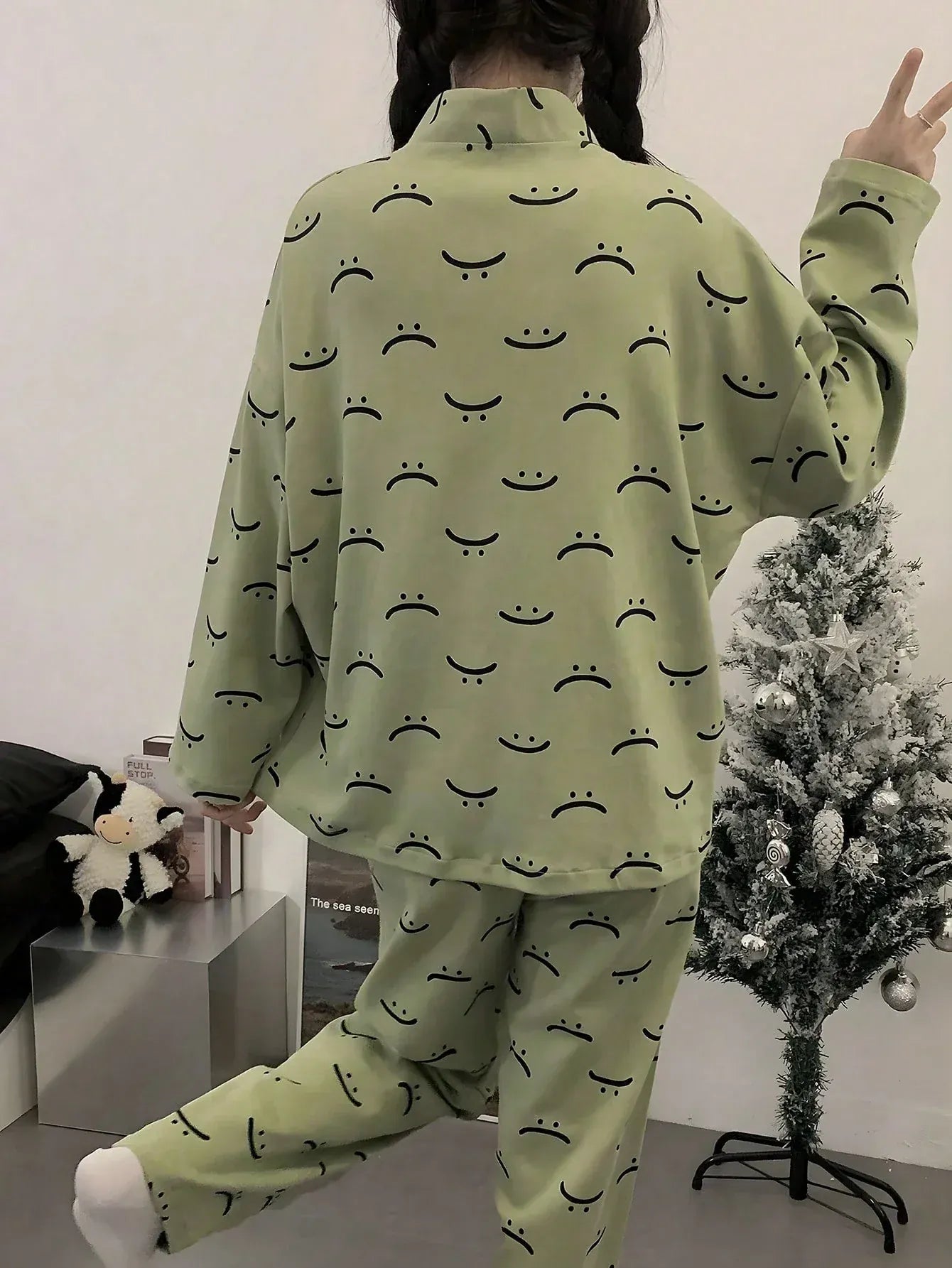 Green emoji V-neck cotton jersey night suit with button details, printed nightwear from The Style Bazar featuring a playful emoji pattern.