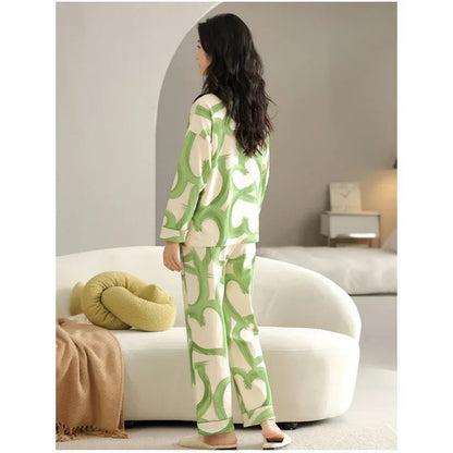 Green hearts printed V-neck cotton jersey night suit with button details, stylish and comfortable sleepwear by The Style Bazar.