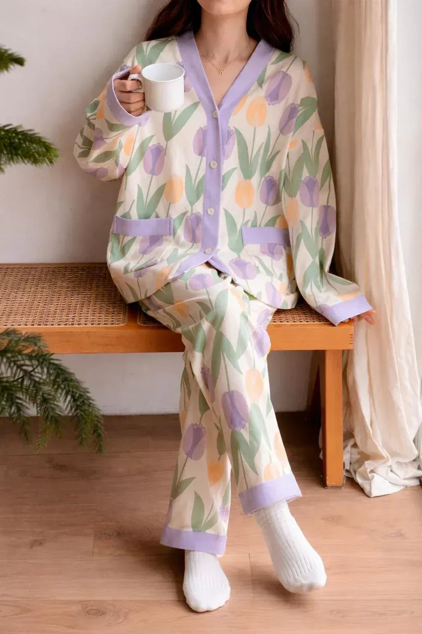 Purple off-white V-neck cotton jersey night suit with floral print and button details, designed for comfortable sleepwear.