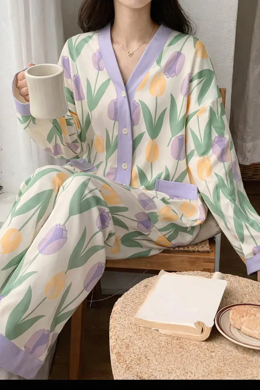 Purple off white cotton jersey night suit with flower print and V-neck, featuring button details for comfortable sleepwear.