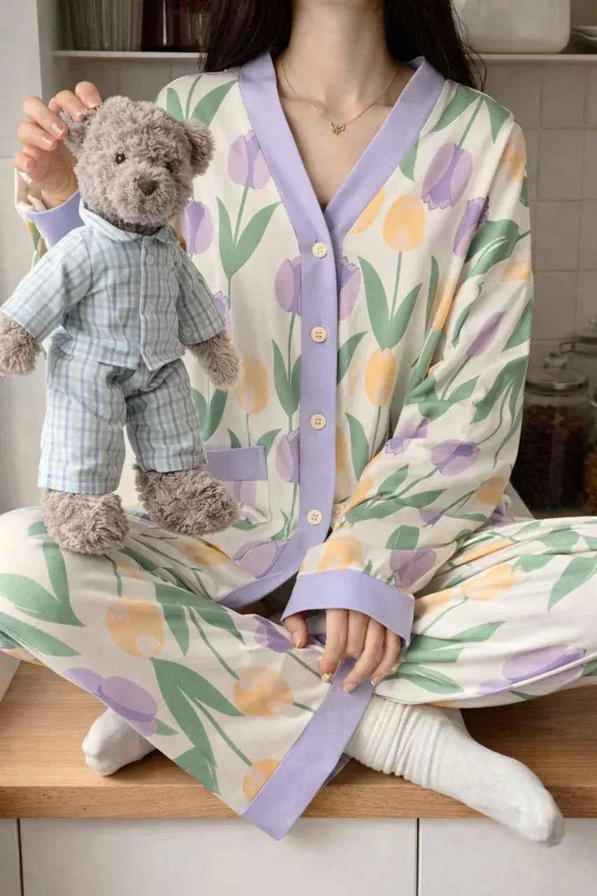 Purple off-white cotton jersey night suit with floral V-neck and button print, designed for comfortable sleepwear by The Style Bazar.
