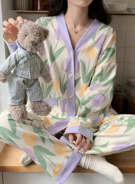 Purple off-white cotton jersey night suit with floral V-neck, button front, and printed design by The Style Bazar.