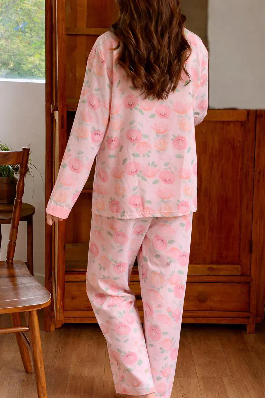 Pink rose print cotton jersey V-neck night suit with button details, featuring a comfortable and stylish nightwear design by The Style Bazar.