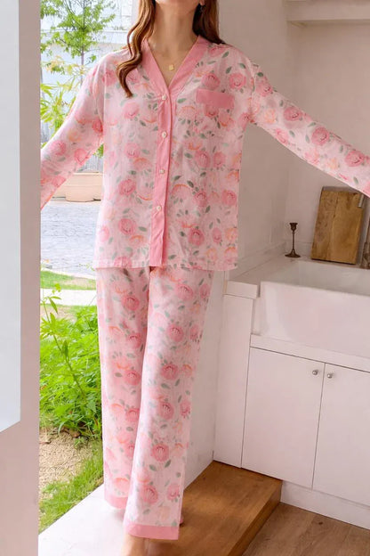 Pink rose printed cotton jersey V-neck night suit with button details, featuring a comfortable and stylish design from The Style Bazar.