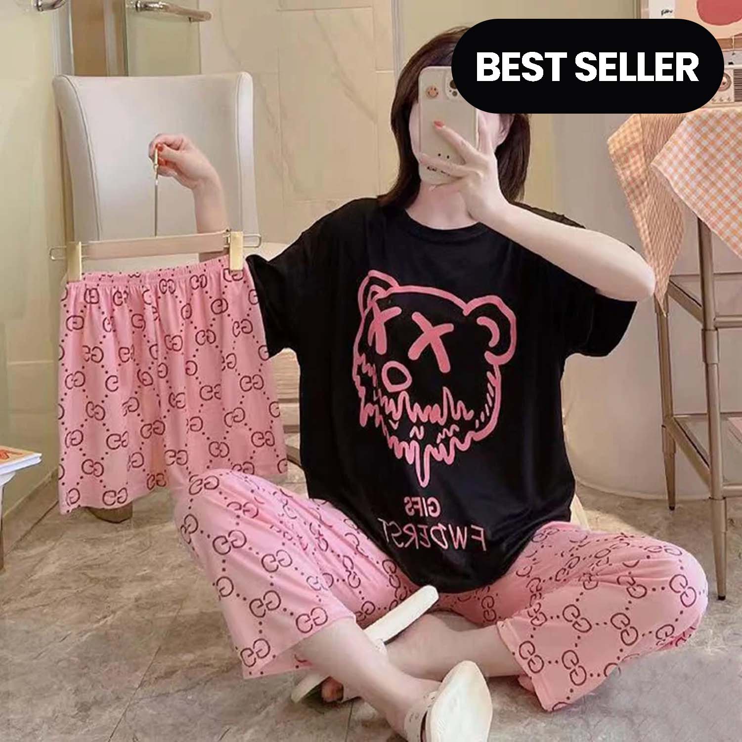 Women’s black 3-piece teddy nightwear set by The Style Bazar, including a teddy, shorts, and a matching top.