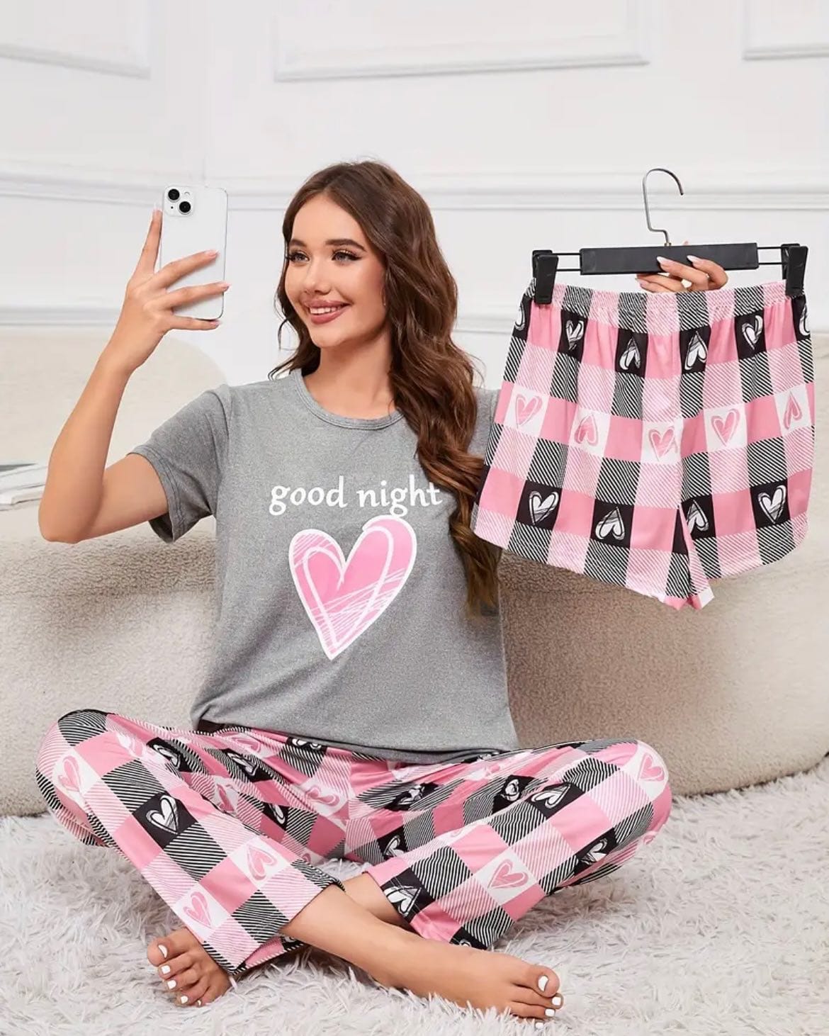 Women’s 3-piece grey nightwear set by The Style Bazar featuring a comfortable top, pants, and matching shorts for relaxed sleep.