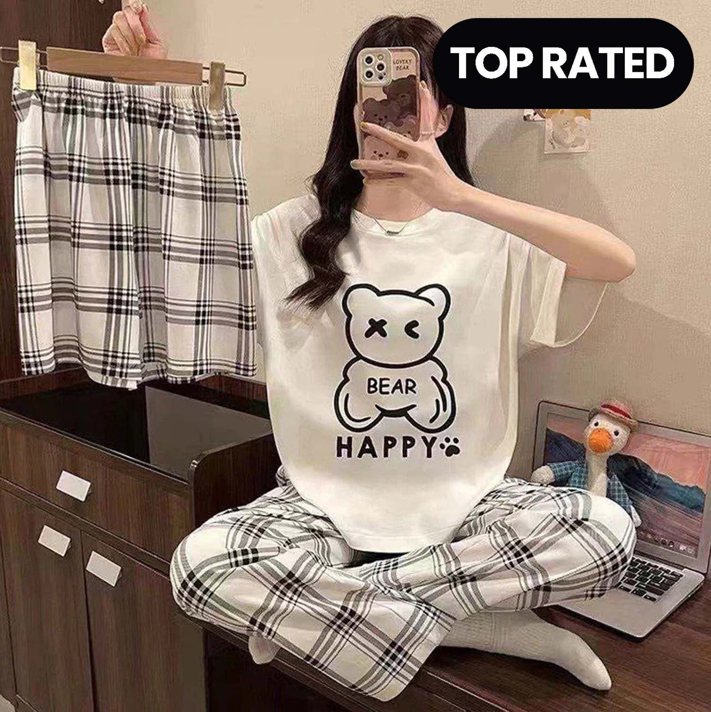 Three-piece Happy Bear women's nightwear set featuring a cozy top, pants, and matching shorts from The Style Bazar.
