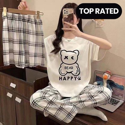 Three-piece Happy Bear women's nightwear set featuring a cozy top, pants, and matching shorts from The Style Bazar.