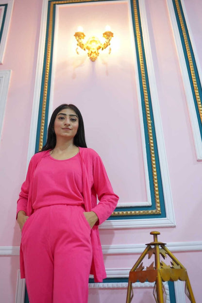 Women’s 3-piece hot pink plain nightwear set by The Style Bazar, includes comfortable top, bottom, and nightdress for cozy sleepwear.