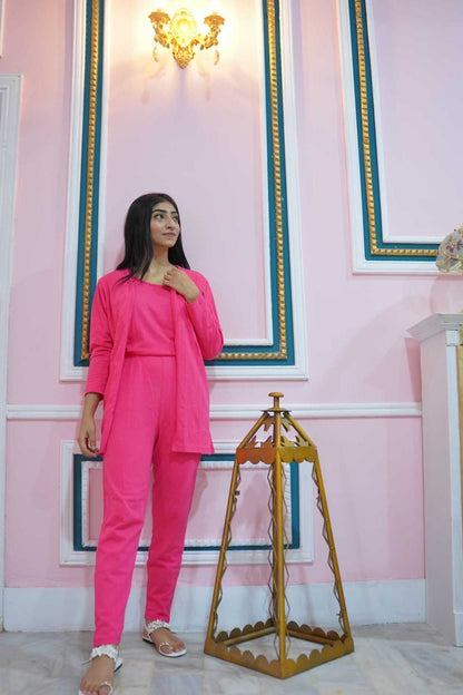 Women’s 3-piece hot pink nightwear set by The Style Bazar, includes comfortable plain nightwear for women.