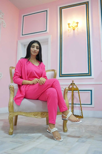 Women’s 3-piece hot pink plain nightwear set by The Style Bazar, including comfortable top, bottom, and matching sleepwear pieces.