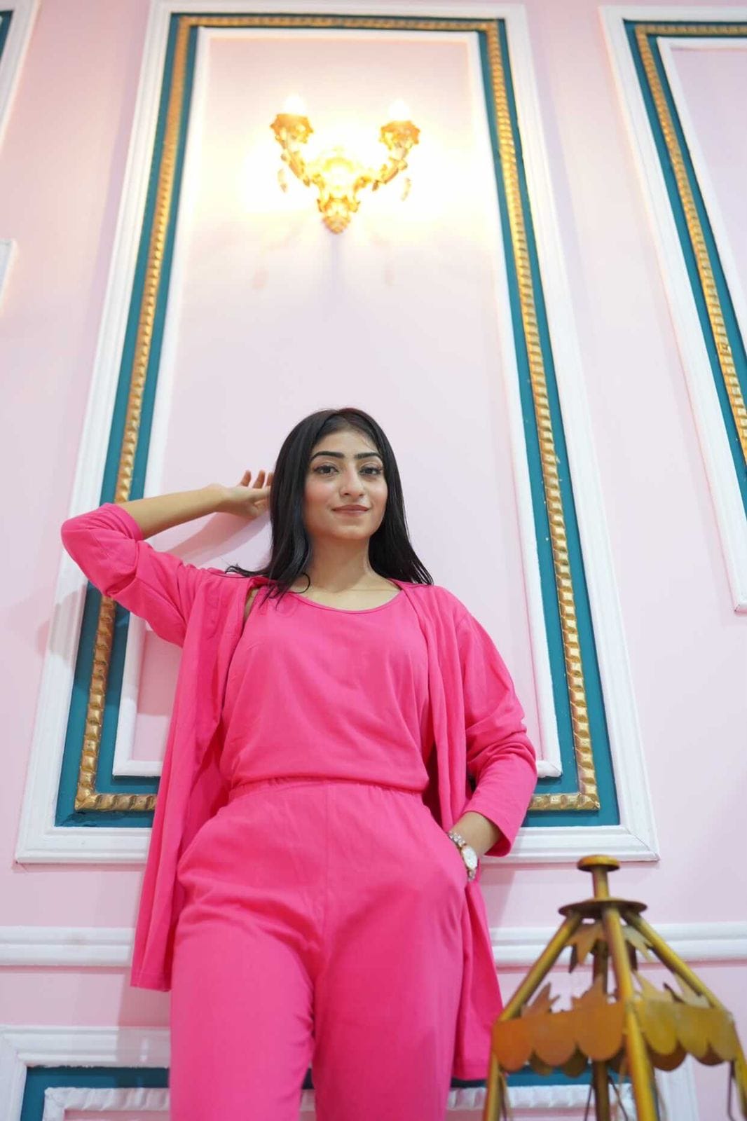 Women’s 3-piece hot pink nightwear set by The Style Bazar, includes comfortable plain tops and bottoms for cozy sleepwear.