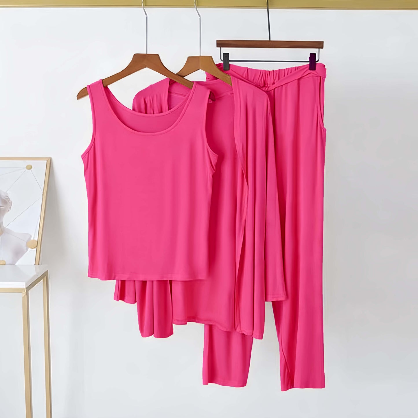 Hot pink women’s 3-piece nightwear set featuring comfortable plain pajamas from The Style Bazar.