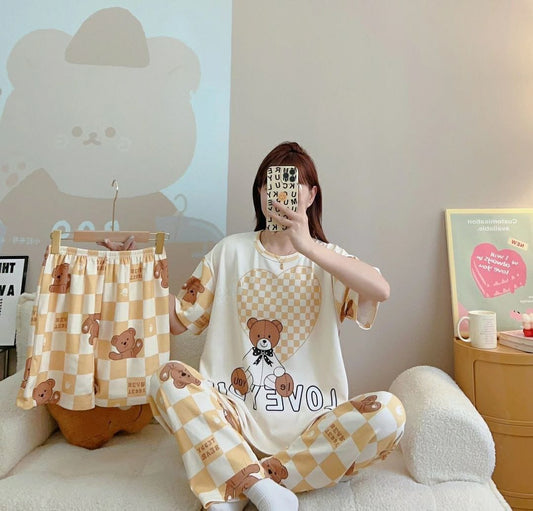Women’s 3-piece love bear nightwear set by The Style Bazar, featuring cozy pajamas with love bear print and matching accessories.