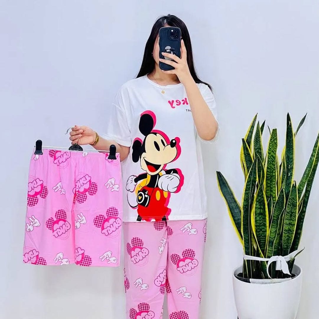 Three-piece Mickey-themed baby nightwear set for women, featuring soft fabric and playful Mickey Mouse designs.