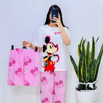 Three-piece Mickey-themed baby nightwear set for women, featuring soft fabric and playful Mickey Mouse designs.