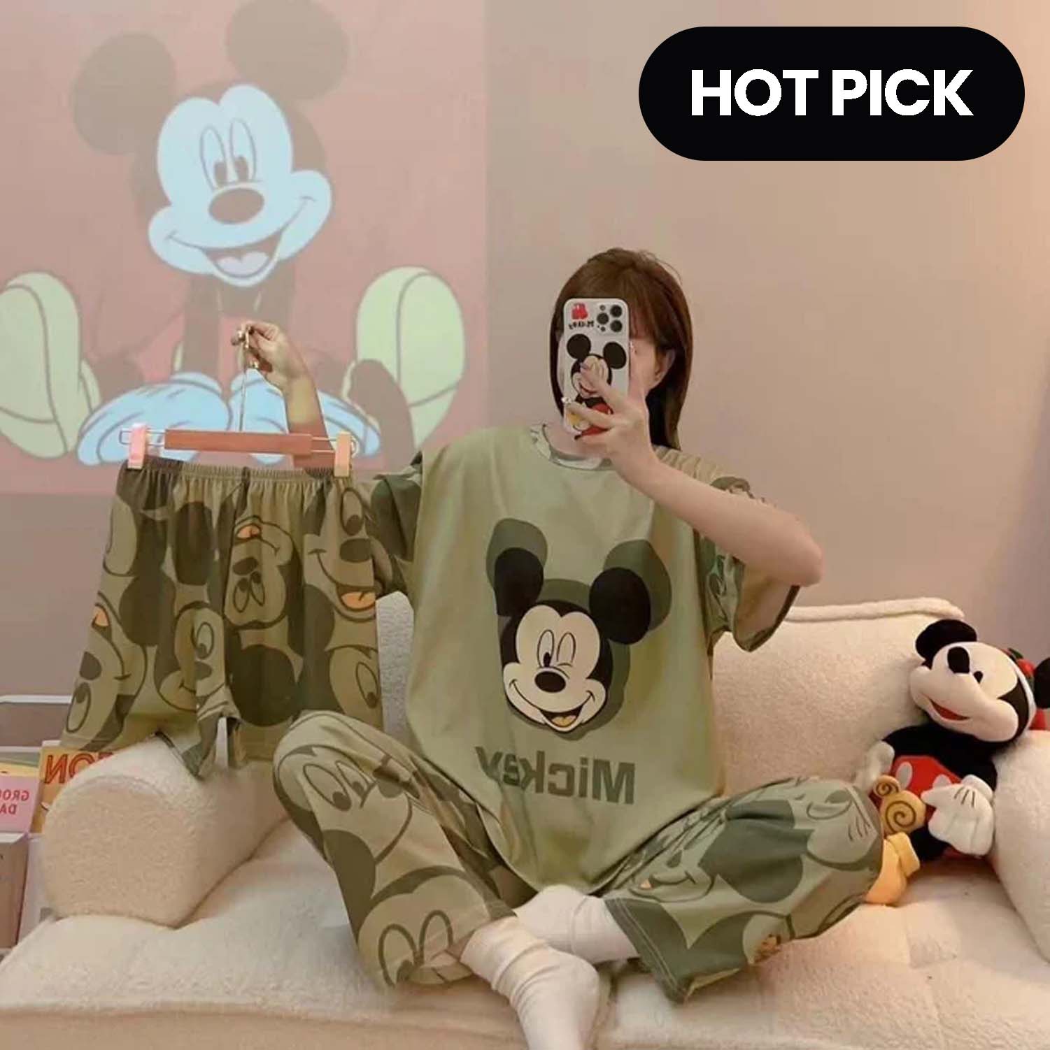 Women’s Mickey Mouse 3-piece nightwear set featuring a top, bottoms, and sleep mask from The Style Bazar.