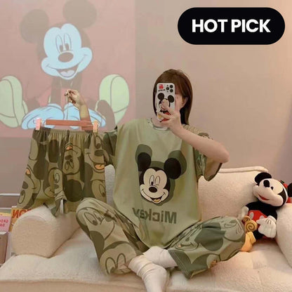 Women’s Mickey Mouse 3-piece nightwear set featuring a top, bottoms, and sleep mask from The Style Bazar.