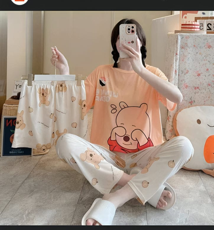 Women’s 3-piece Peach Shyness nightwear set by The Style Bazar, featuring a comfortable top, shorts, and a matching pajama.