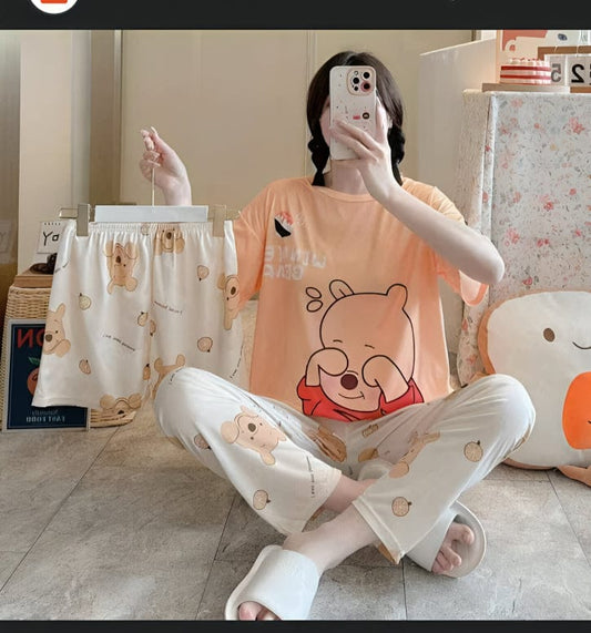 Women’s 3-piece Peach Shyness nightwear set by The Style Bazar, featuring a comfortable top, shorts, and a matching pajama.