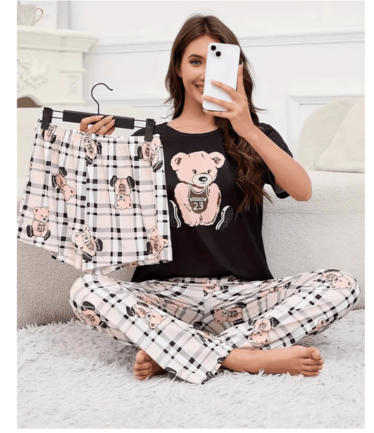 3 Piece Printed Night Suit Check Panda