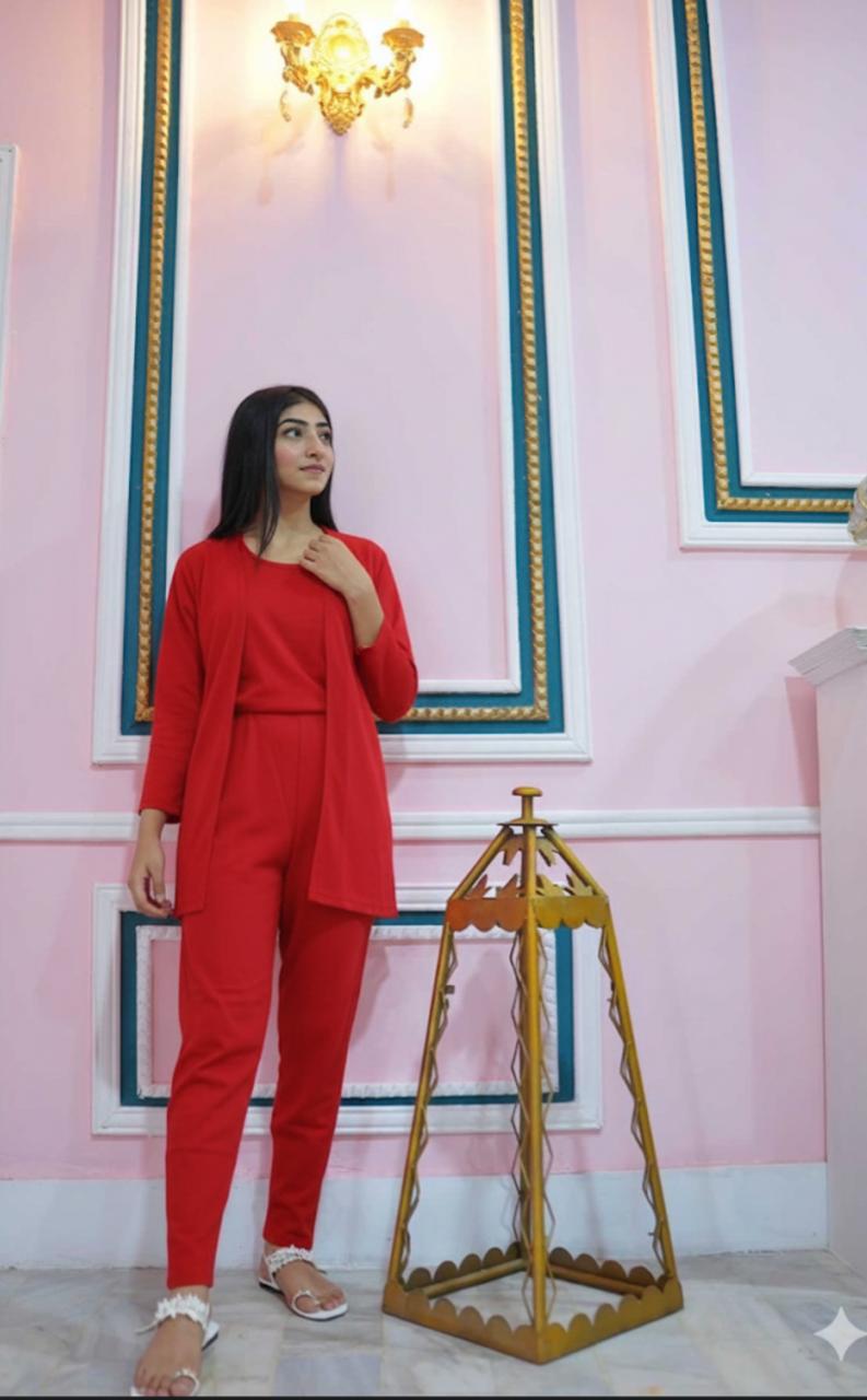 Red plain women’s 3-piece nightwear set, includes top, bottom, and sleepwear, stylish and comfortable from The Style Bazar.