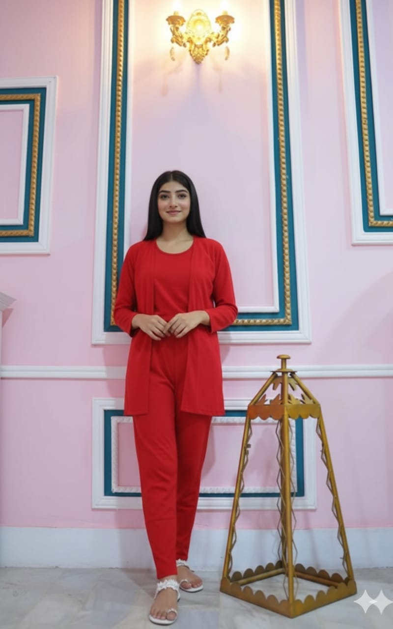 Red women’s 3-piece plain nightwear set featuring a top, bottom, and nightgown from The Style Bazar.