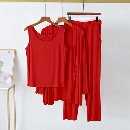 Red 3-piece women’s nightwear set featuring a plain top, pajama pants, and a matching sleep shirt from The Style Bazar.