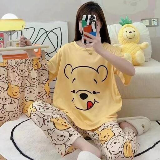 Women’s 3-piece teddy bear nightwear set by The Style Bazar featuring a cozy top, shorts, and matching pajama pants in soft fabric.
