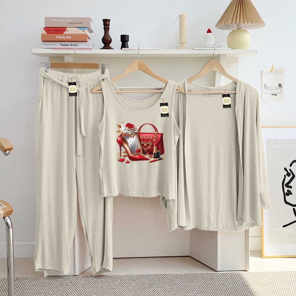 Three Queen ladies night suit with 3-piece inner gown and trousers, displayed on a hanger with soft fabric details.