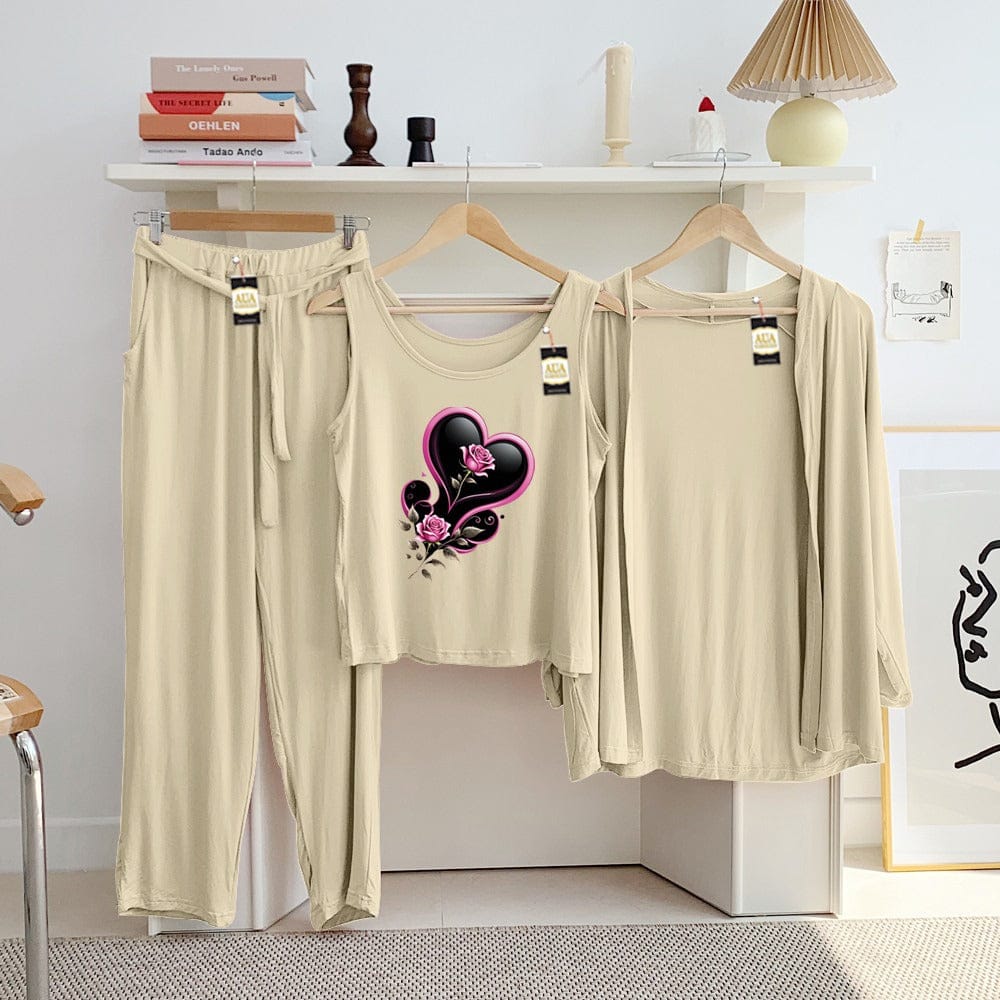 Three Queen ladies' night suit with 3-piece inner gown and trousers, shown in soft fabric and comfortable fit.