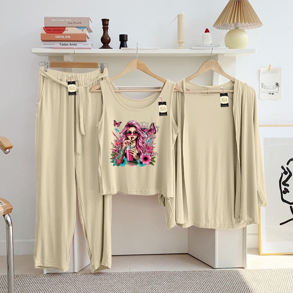 Three Queen ladies night suit with 3-piece inner gown and trousers, featuring comfortable fabric and stylish design.