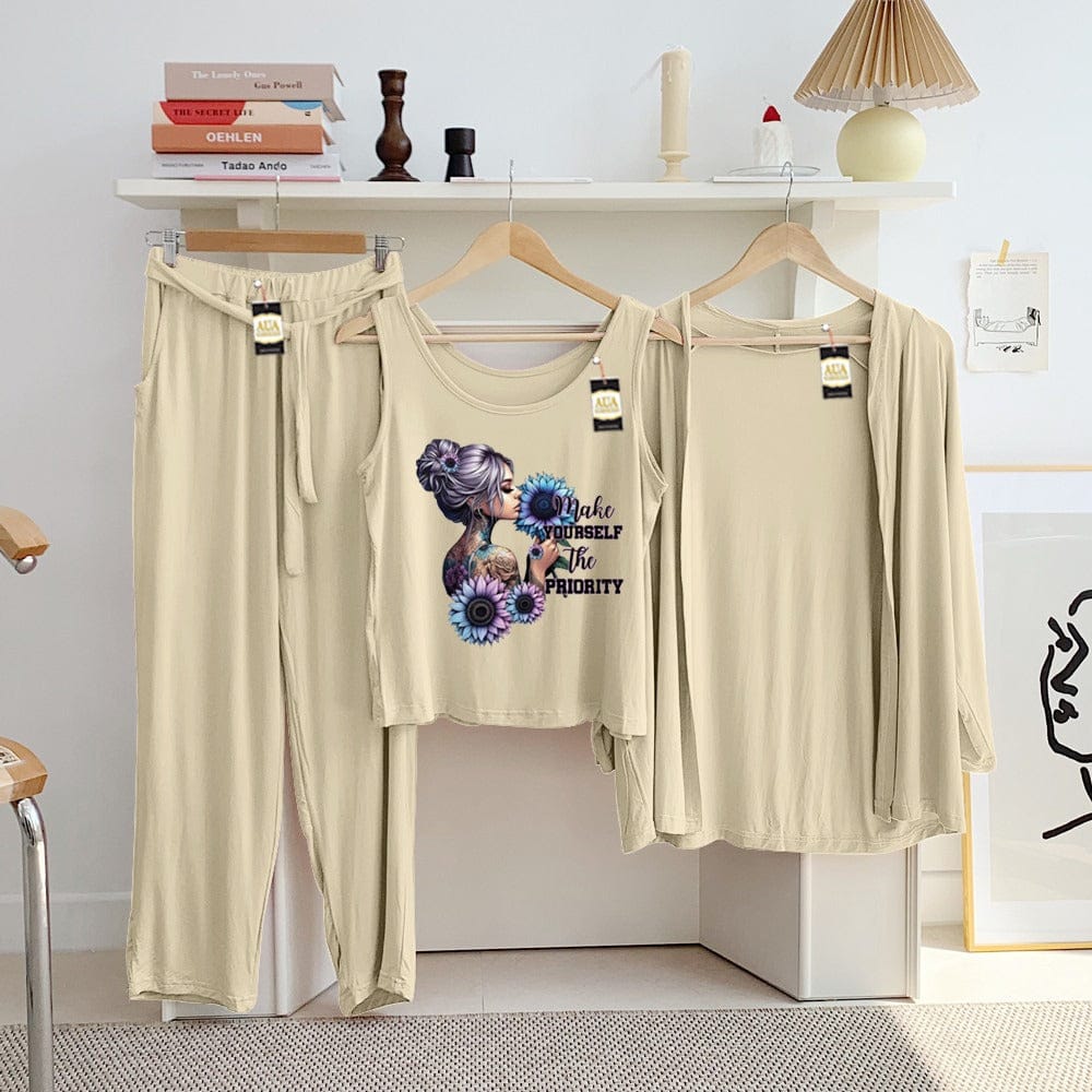 Three Queen ladies' night suit with 3-piece inner gown and trousers, comfortable loungewear set for women