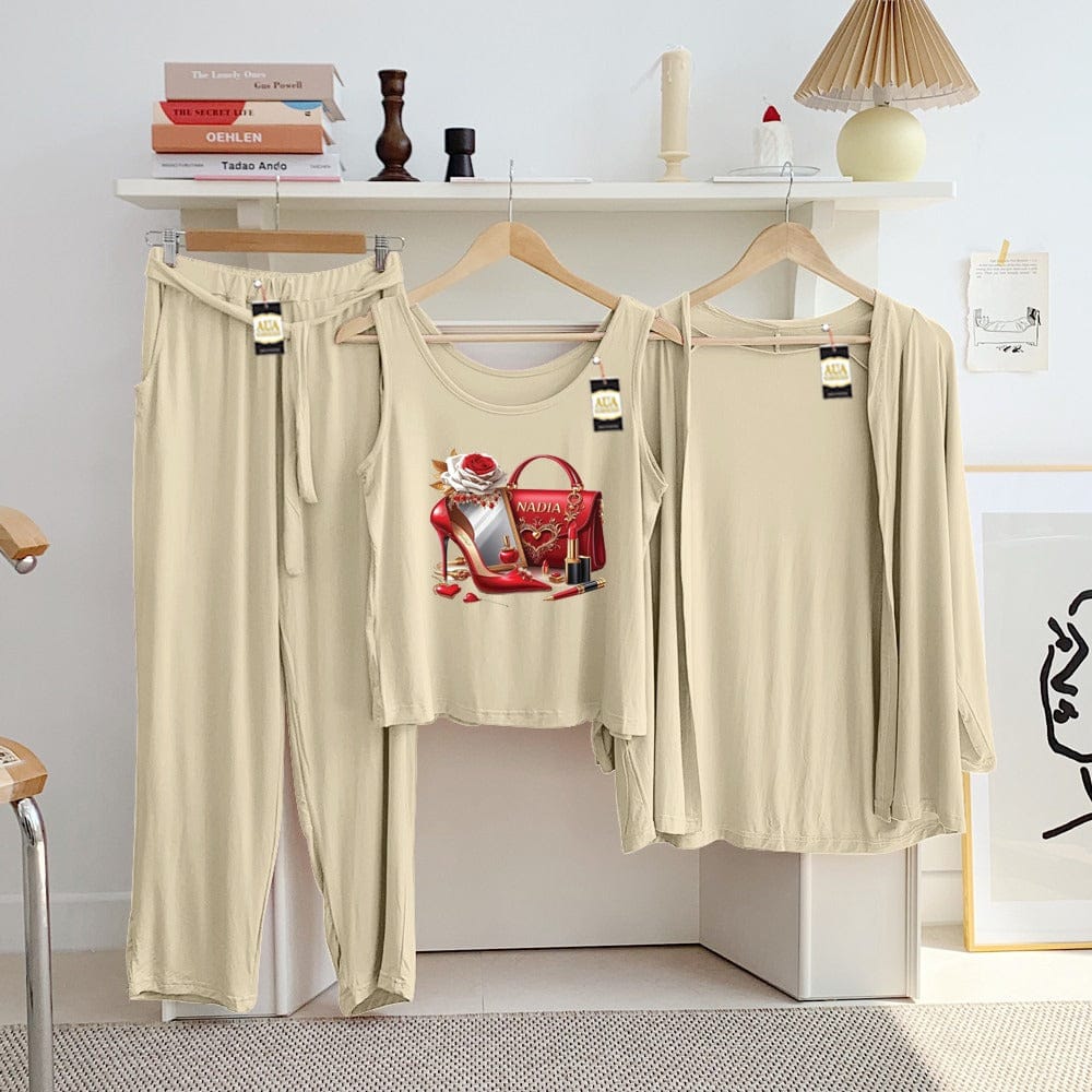 Three Queen ladies night suit with 3-piece inner gown and trousers, featuring comfortable, stylish sleepwear for women.