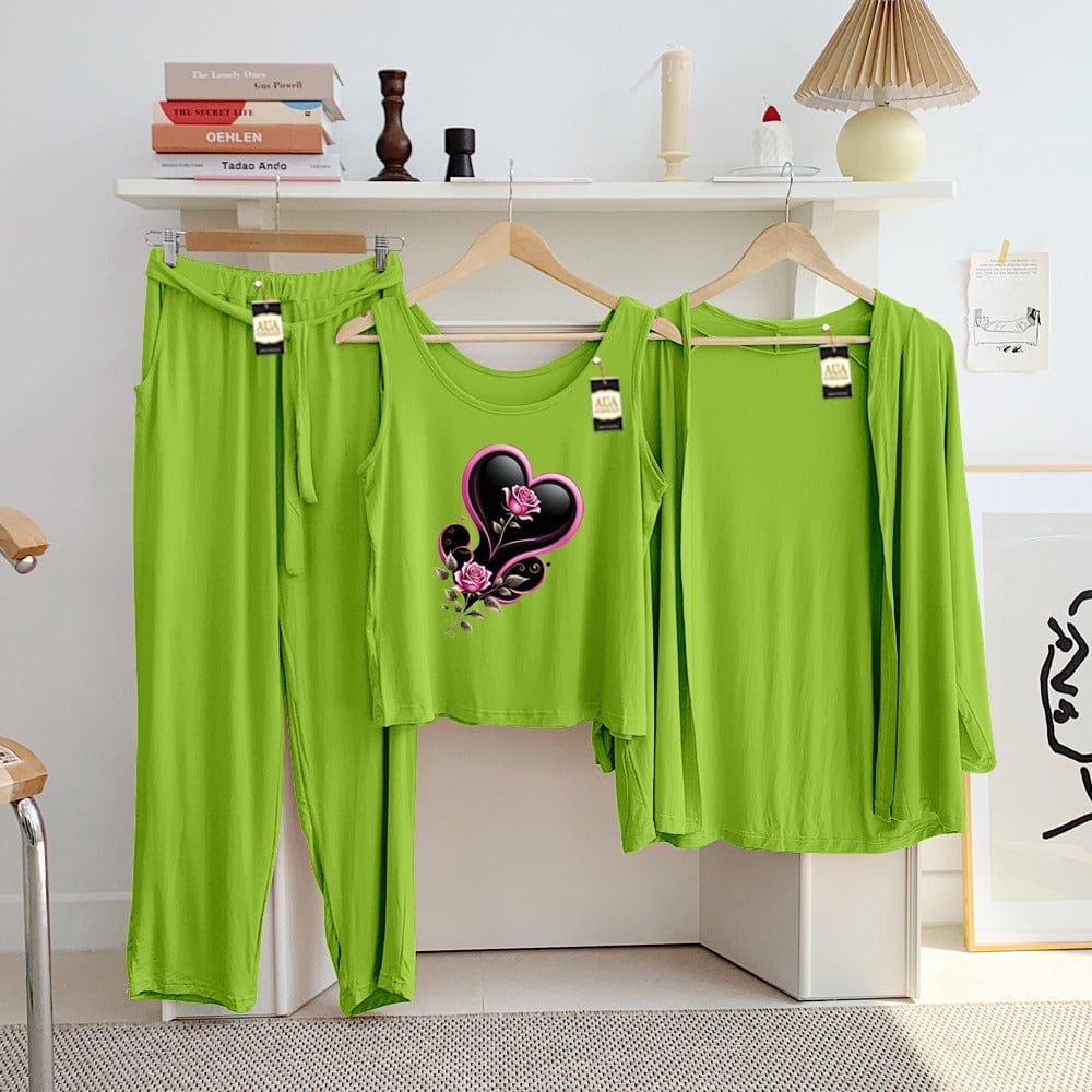 Three Queen ladies night suit with 3-piece inner gown and trousers, displayed on a hanger with soft fabric details.