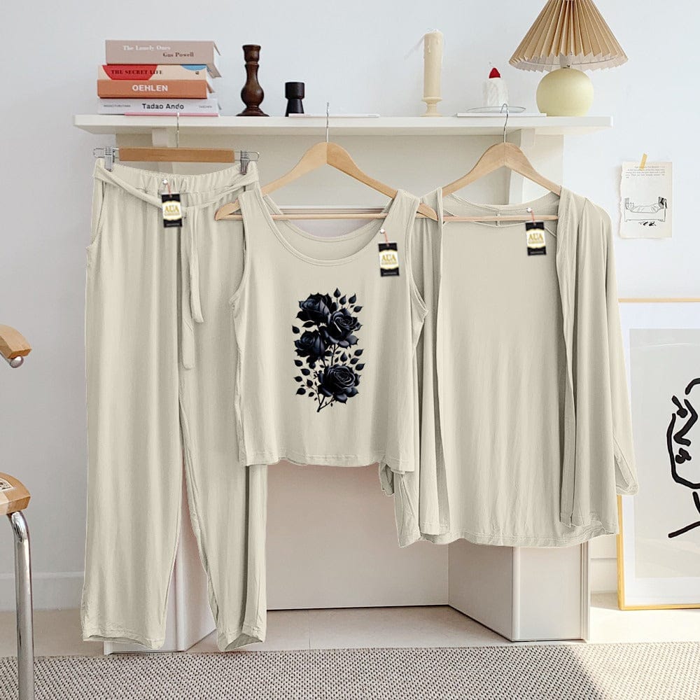 Three Queen ladies night suit with 3-piece inner gown and trousers, featuring comfortable fabric and stylish design for nighttime wear.