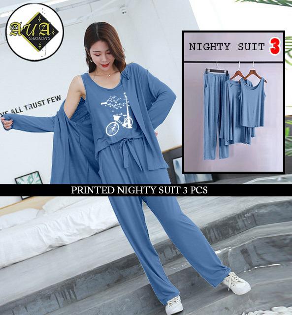 Three Queen ladies night suit with 3-piece inner gown and trousers, shown in a comfortable, stylish sleepwear set.