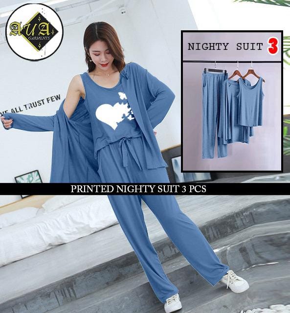 Three Queen ladies night suit with 3-piece inner gown and trousers, shown in a comfortable sleepwear set.