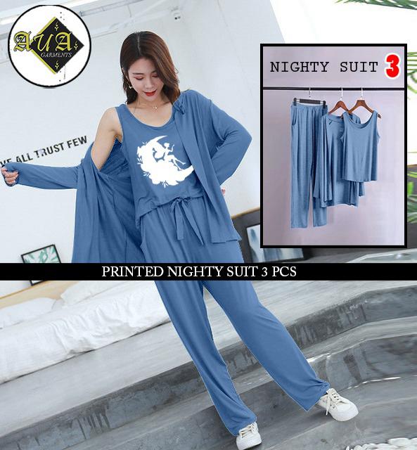 Three Queen ladies' night suit with three-piece inner gown and trousers, featuring comfortable, stylish sleepwear for women.