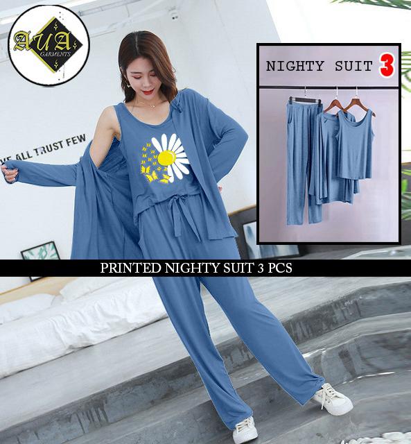 Three Queen ladies night suit with 3-piece set including inner gown and trousers, displayed on a plain background.
