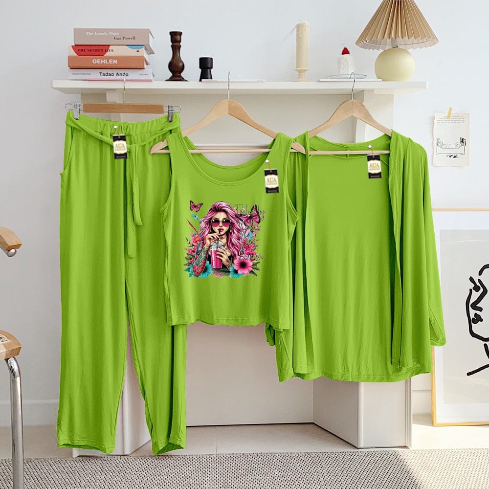Three Queen ladies night suit with 3-piece inner gown and trousers, shown in a cozy, comfortable sleepwear set.