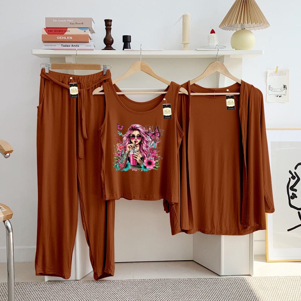 Three Queen ladies night suit with 3-piece inner gown and trousers, featuring comfortable fabric and stylish design.