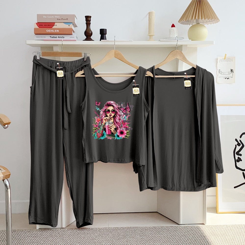 Three Queen ladies night suit with 3-piece inner gown and trousers, displayed laid out on a flat surface.