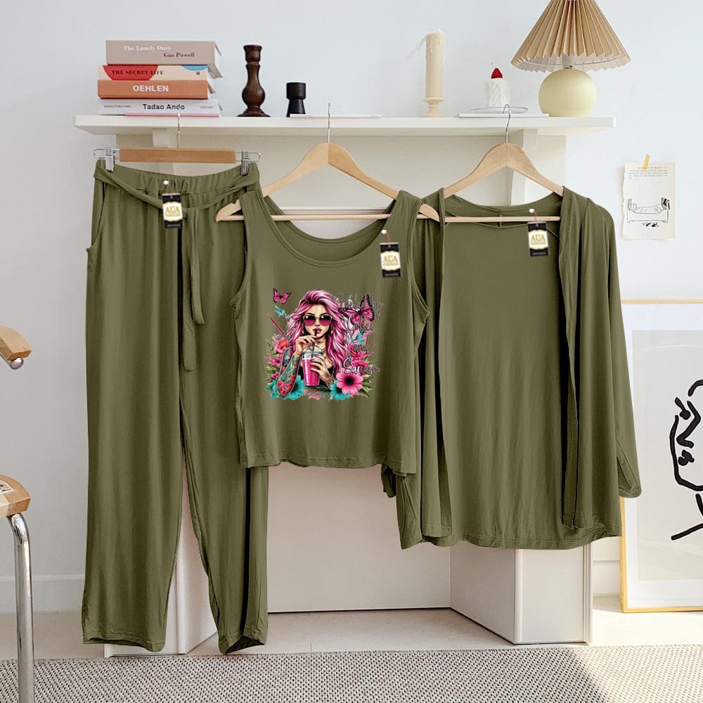 Three Queen ladies' night suit with 3-piece inner gown and trousers, stylish and comfortable sleepwear for women.